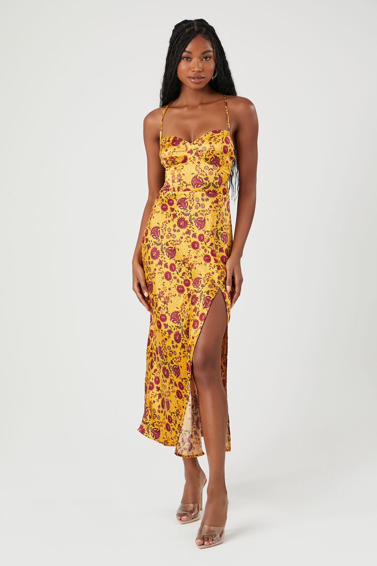 Forever 21 Women's Satin Paisley Crisscross Slip Dress Mustard/Multi