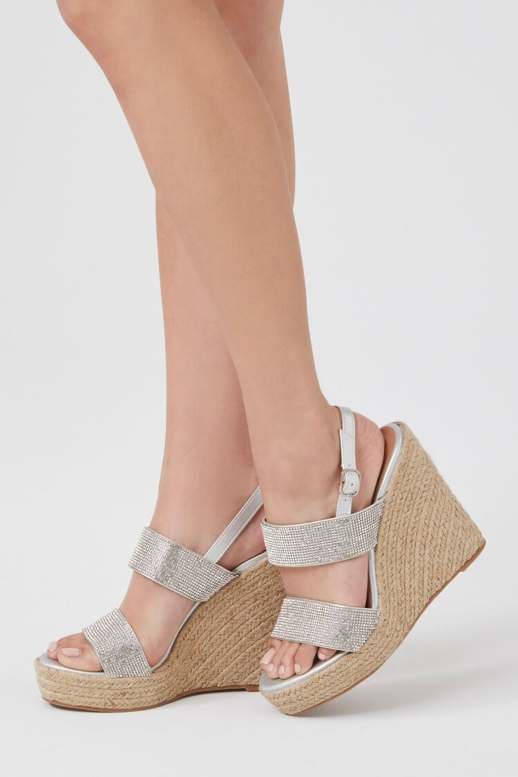 Forever 21 Women's Rhinestone Espadrille Wedges Silver