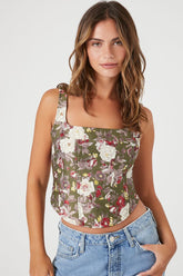 Forever 21 Women's Jacquard Floral Print Bustier Crop Top Olive/Multi