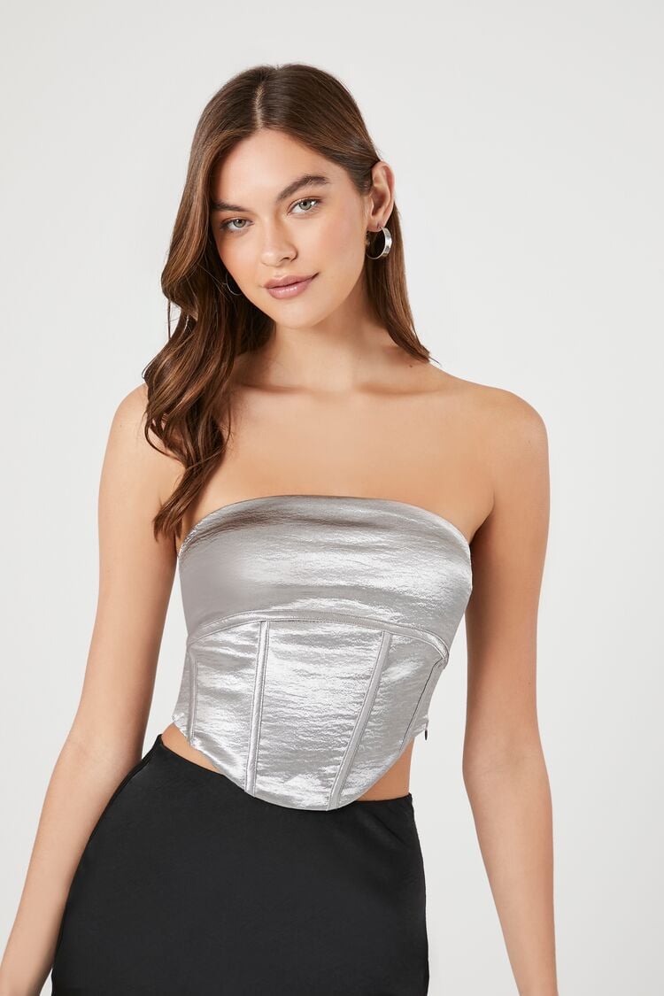 Forever 21 Women's Satin Cropped Bustier Tube Top Silver