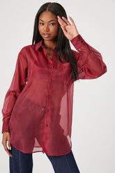 Forever 21 Women's Sheer Organza Shirt Burgundy