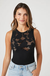 Forever 21 Women's Seamless Netted Crochet Sleeveless Bodysuit Black