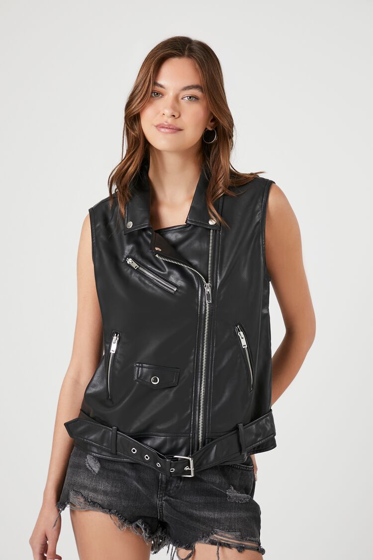 Forever 21 Women's Faux Leather/Pleather Sleeveless Moto Jacket Black