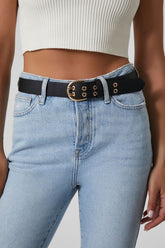 Forever 21 Women's Faux Leather/Pleather Two-Prong Belt Black/Gold