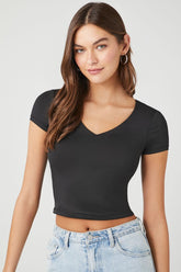 Forever 21 Women's Fitted V-Neck Cropped T-Shirt Black