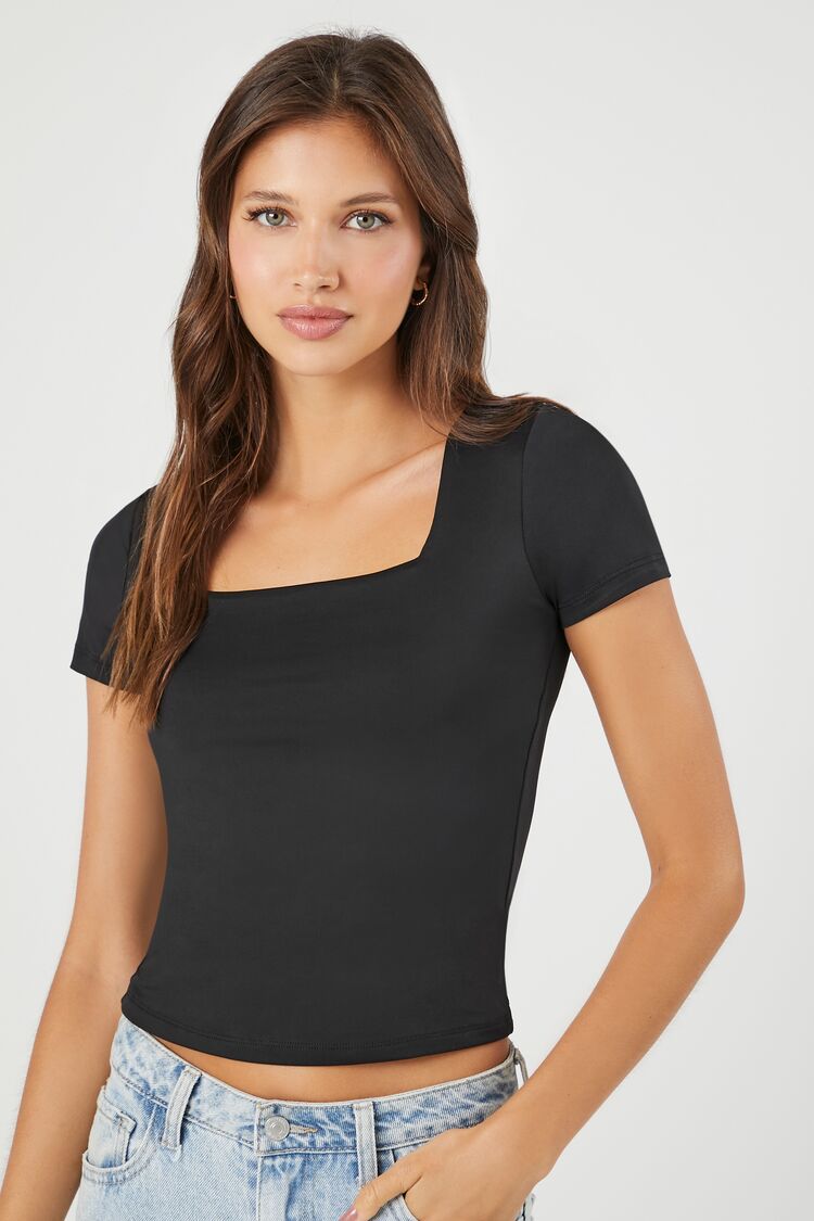 Forever 21 Women's Fitted Square-Neck T-Shirt Black