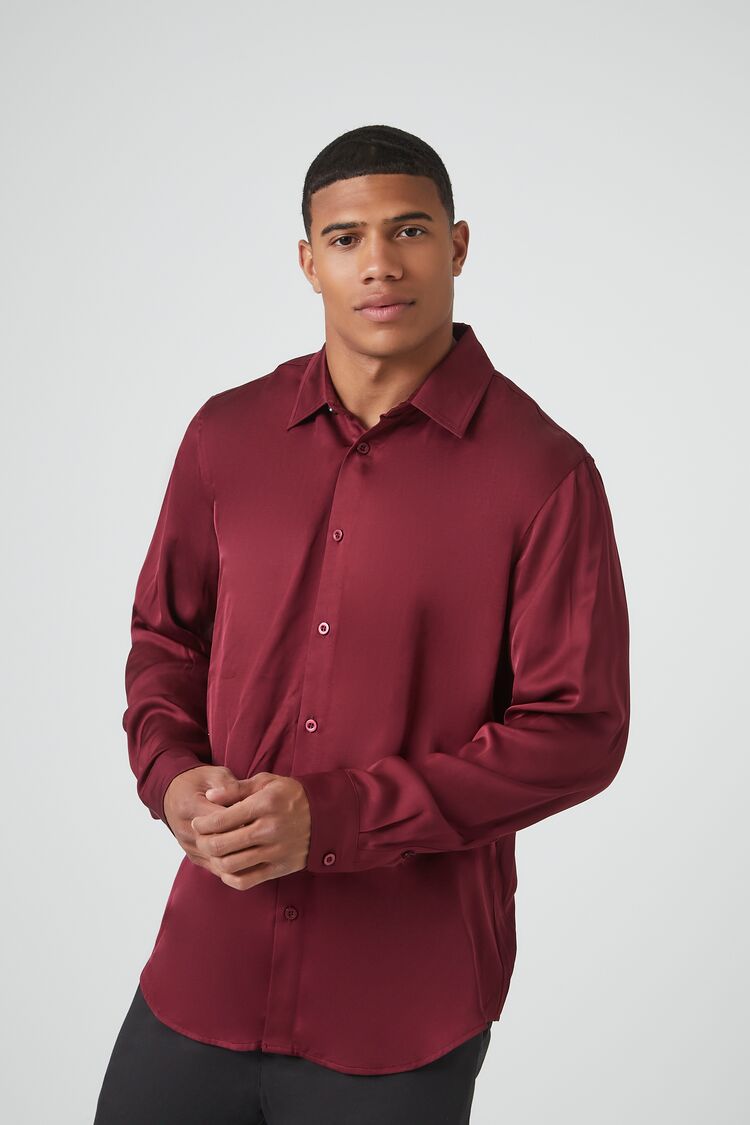 Forever 21 Men's Satin Long-Sleeve Shirt Burgundy