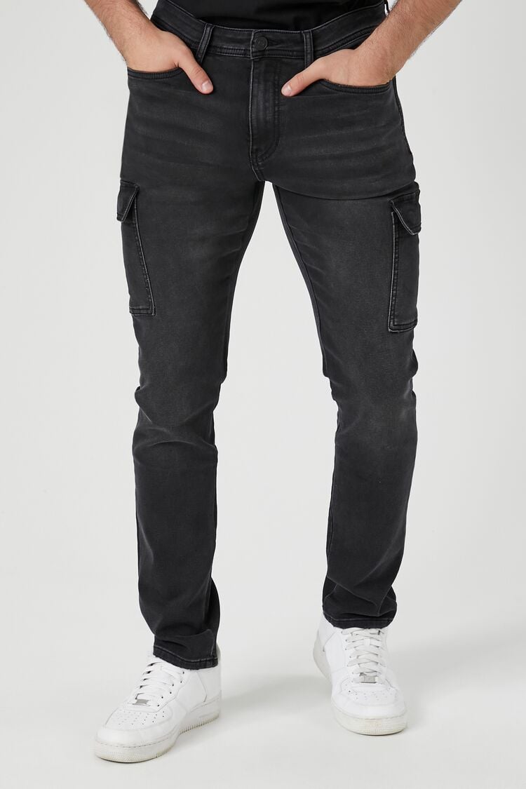 Forever 21 Men's Knit Slim-Fit Cargo Jeans Washed Black