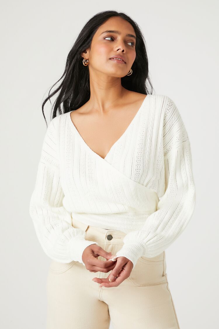 Forever 21 Women's Ribbed Pointelle Knit Surplice Sweater Vanilla