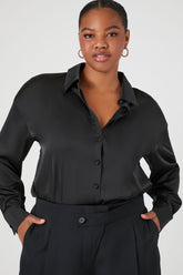 Forever 21 Plus Women's Satin Button-Up Shirt Black