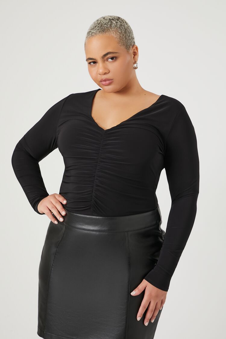 Forever 21 Plus Women's Fitted V-Neck Bodysuit Black