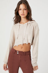 Forever 21 Women's Distressed Hooded Crop Top Oatmeal