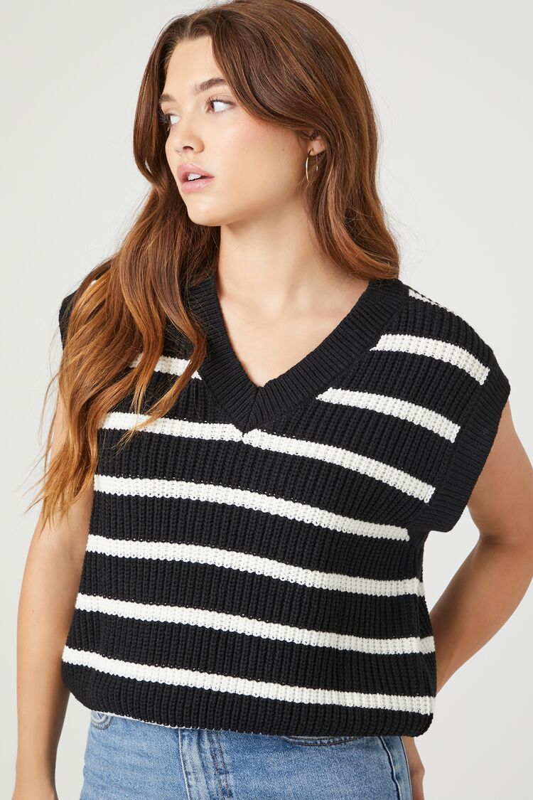 Forever 21 Knit Women's Striped Sweater Vest Black/Multi