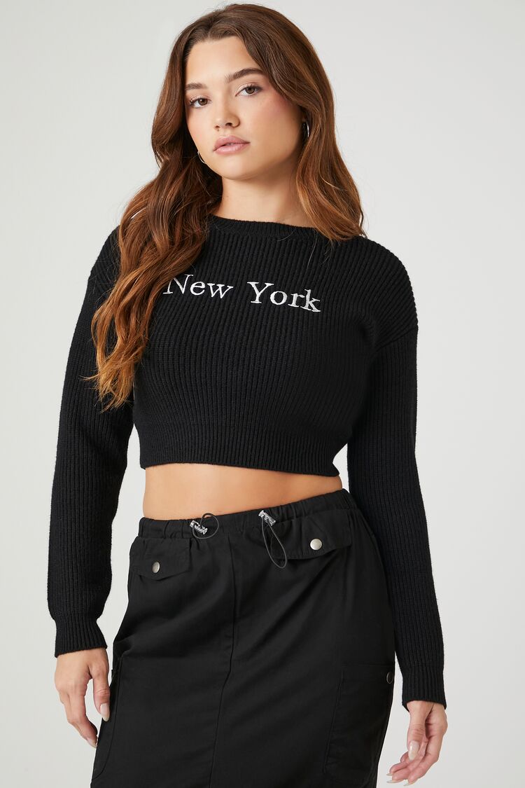 Forever 21 Knit Women's Cropped New York Sweater Black/White