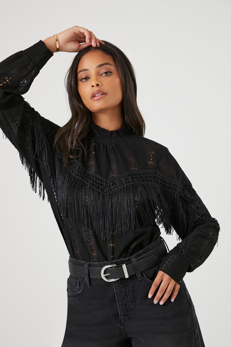 Forever 21 Women's Lace Fringe Bodysuit Black