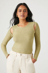 Forever 21 Women's Ribbed Cutout Long-Sleeve Bodysuit Warm Olive