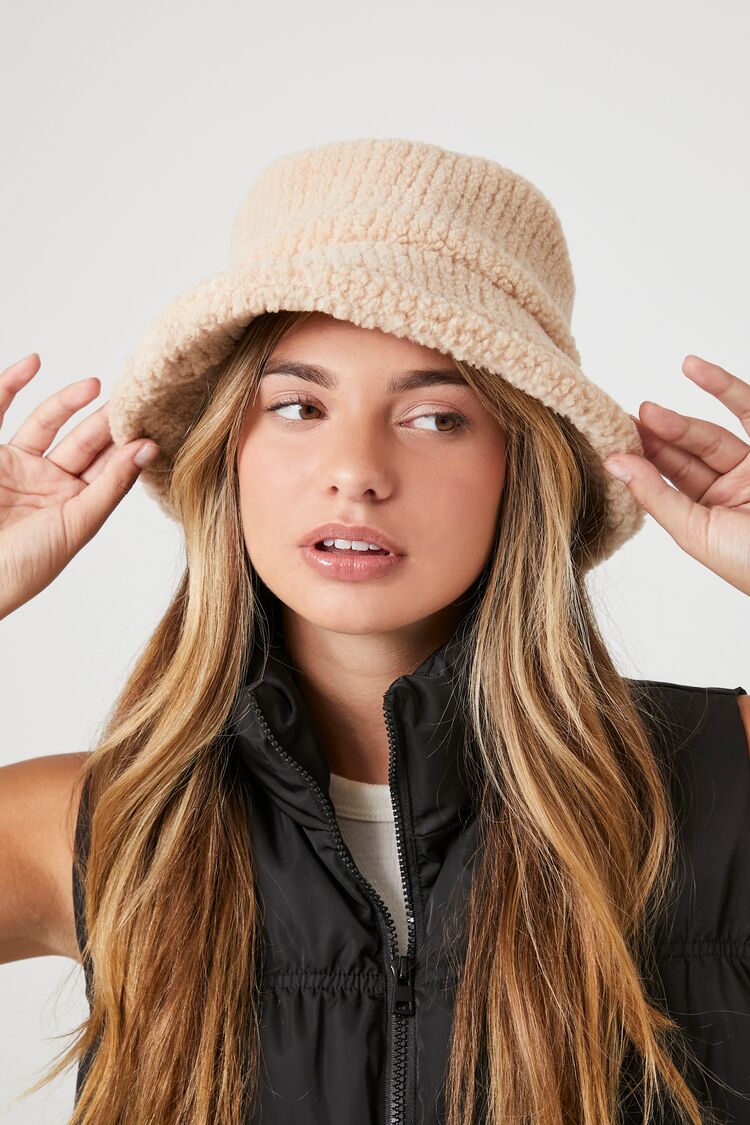 Forever 21 Women's Stitched Plush Bucket Hat Tan