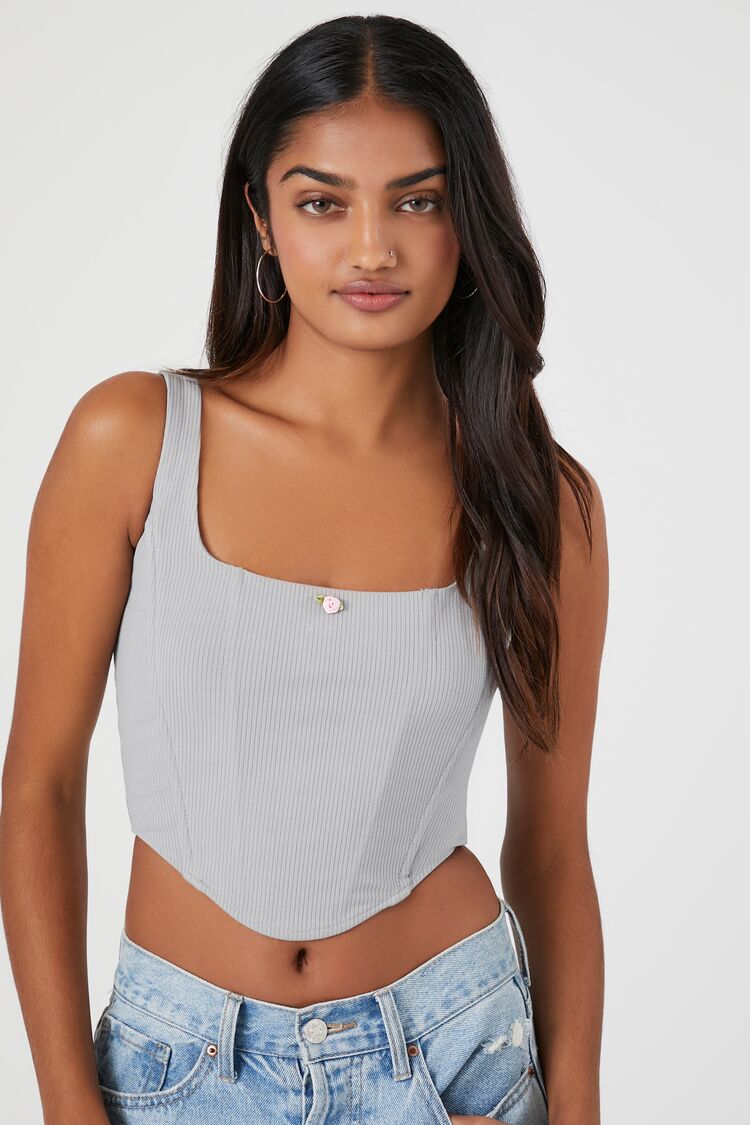 Forever 21 Women's Ribbed Rose Cropped Bustier Top Harbor Grey