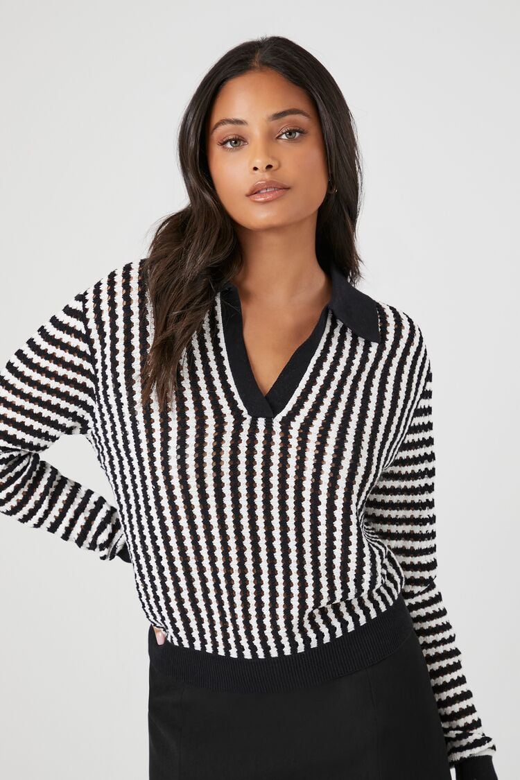 Forever 21 Knit Women's Striped Split-Neck Sweater Black/White