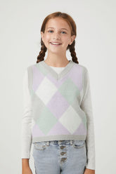 Forever 21 Knit Girls Argyle Sweater Vest (Kids) Lilac/Multi