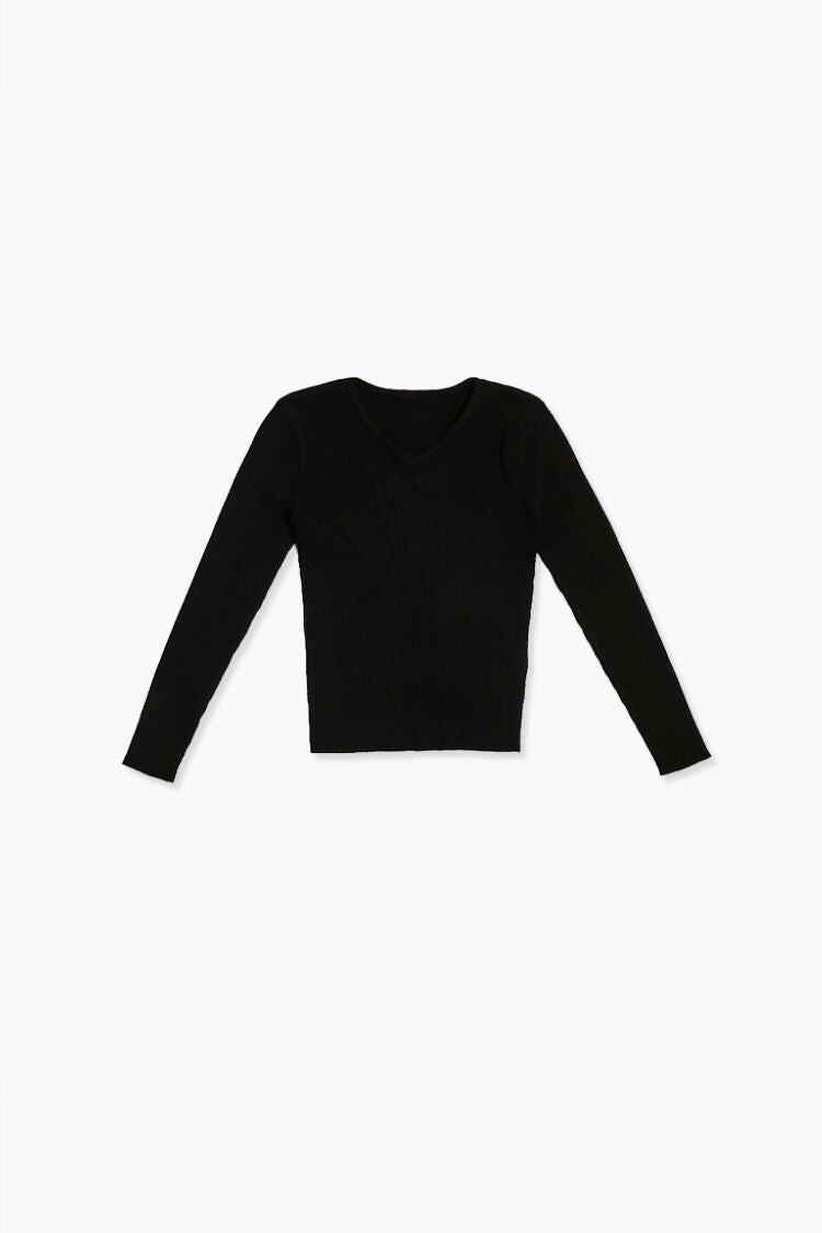 Forever 21 Knit Girls V-Neck Sweater (Kids) Black