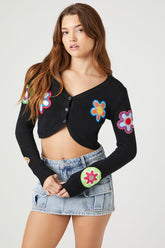 Forever 21 Knit Women's Cropped Floral Cardigan Sweater Black/Multi