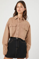 Forever 21 Women's Frayed Cropped Twill Shirt Camel