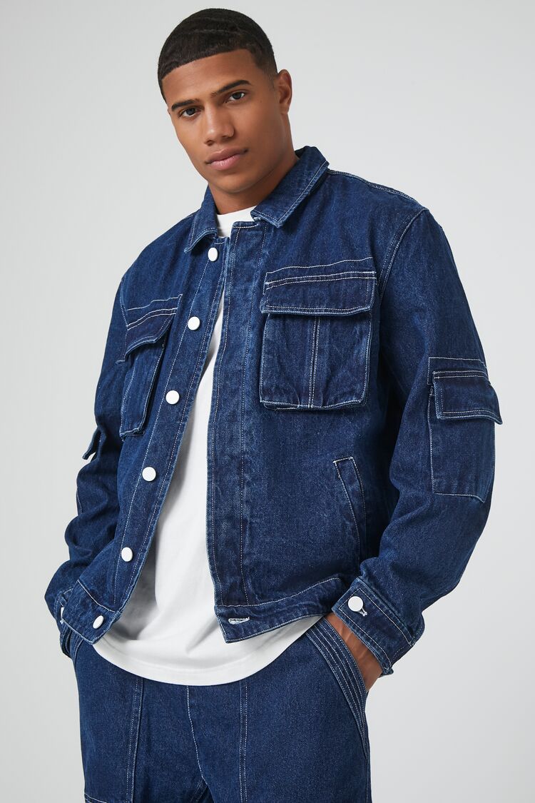 Forever 21 Men's Denim Cargo Trucker Trucker Jacket Dark Denim