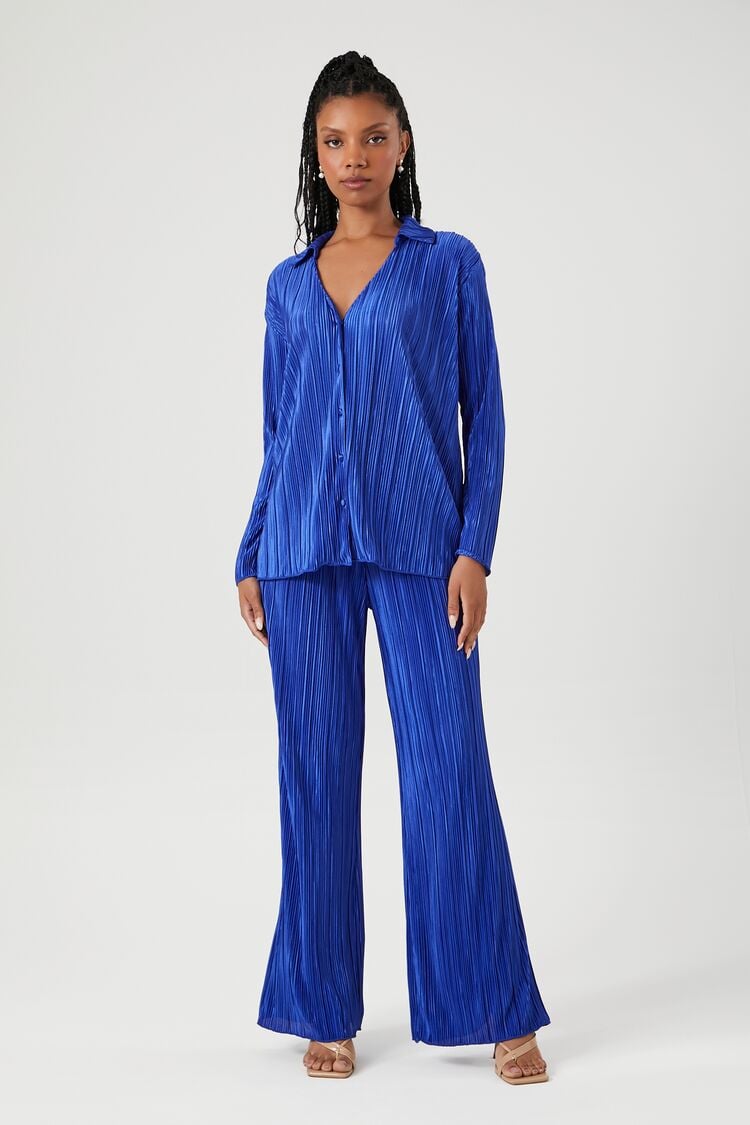 Forever 21 Women's Ribbed Long-Sleeve Shirt & Pants Set Royal Blue