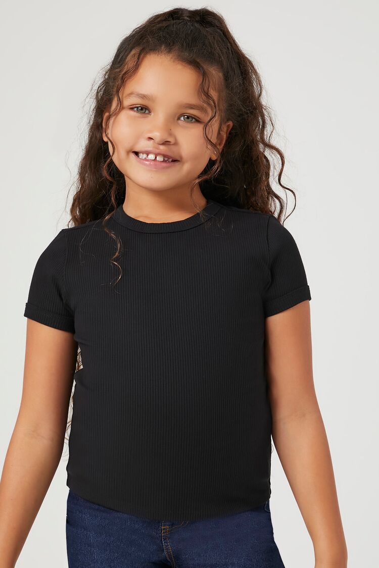 Forever 21 Girls Ribbed Knit Crew T-Shirt (Kids) Black