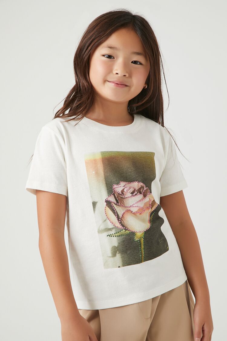 Forever 21 Girls Rhinestone Rose Graphic T-Shirt (Kids) White/Multi