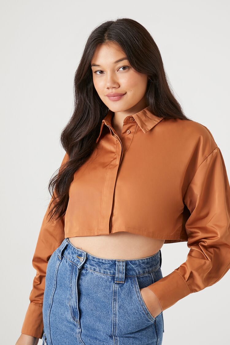 Forever 21 Women's Long-Sleeve Cropped Shirt Toasted Almond