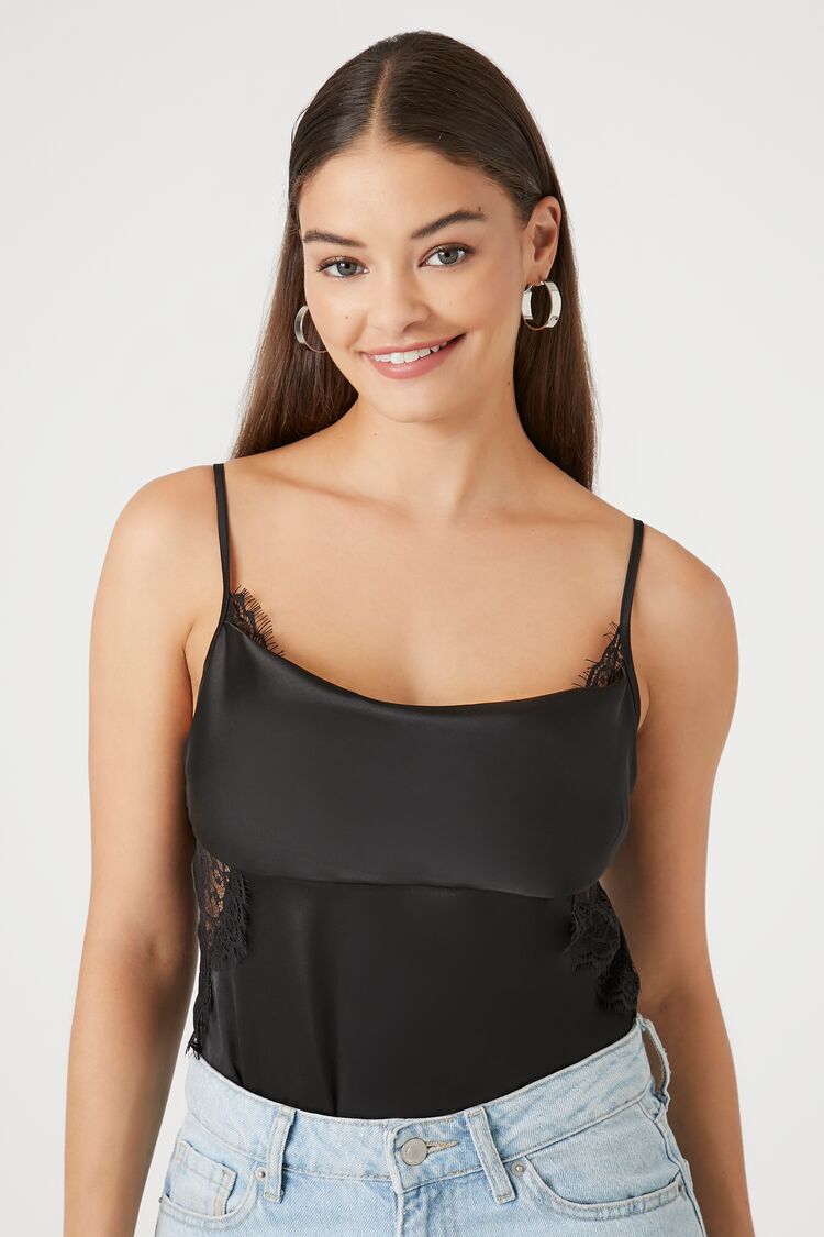 Forever 21 Women's Satin Lace-Trim Bodysuit Black