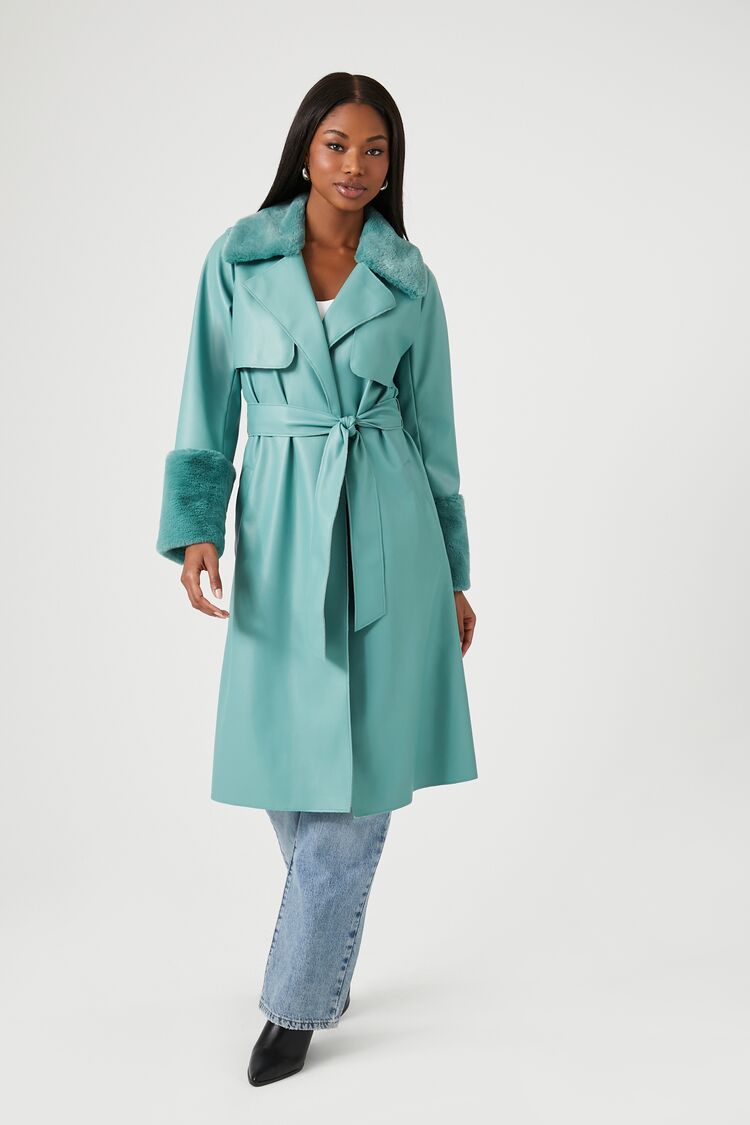 Forever 21 Women's Faux Fur-Trim Trench Coat Stone Blue