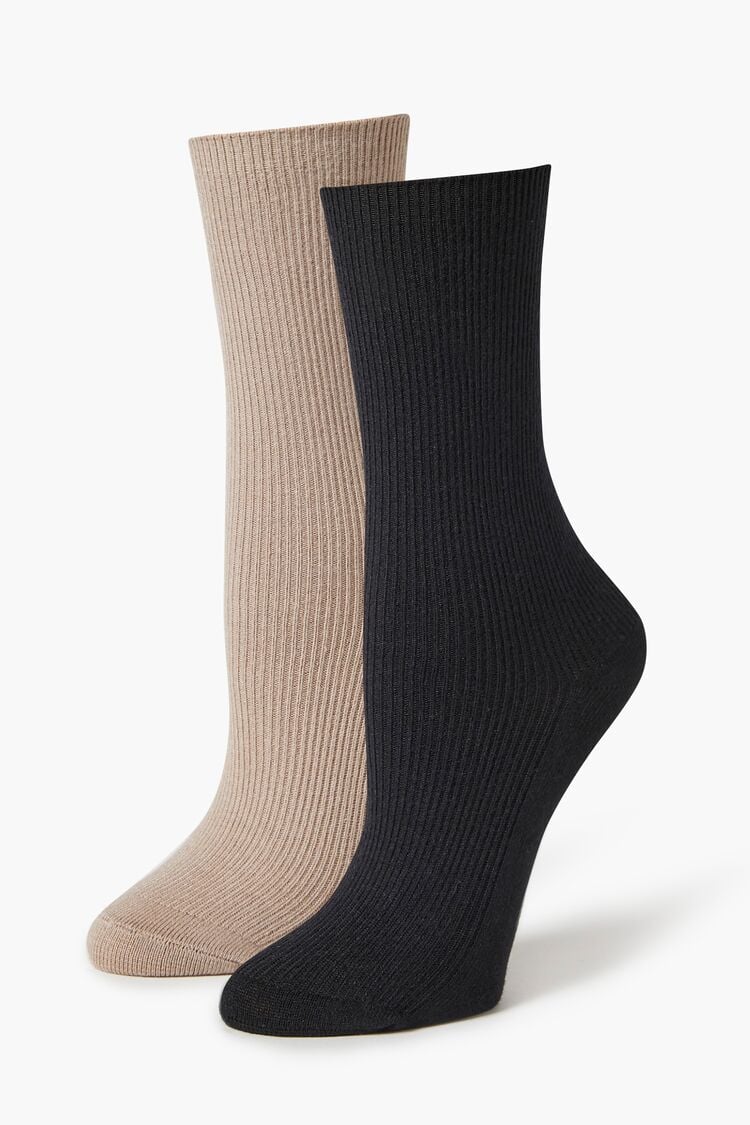 Forever 21 Women's Ribbed Knit Crew Socks Set Black/Tan