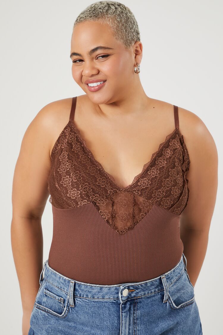 Forever 21 Plus Women's Ribbed Lace-Trim Bodysuit Chocolate