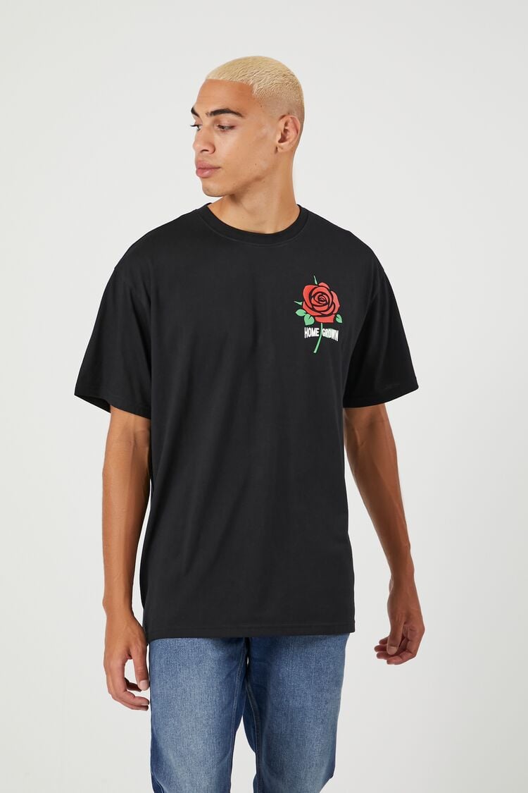 Forever 21 Men's Home Grown Buds Rose Graphic T-Shirt Black/Multi