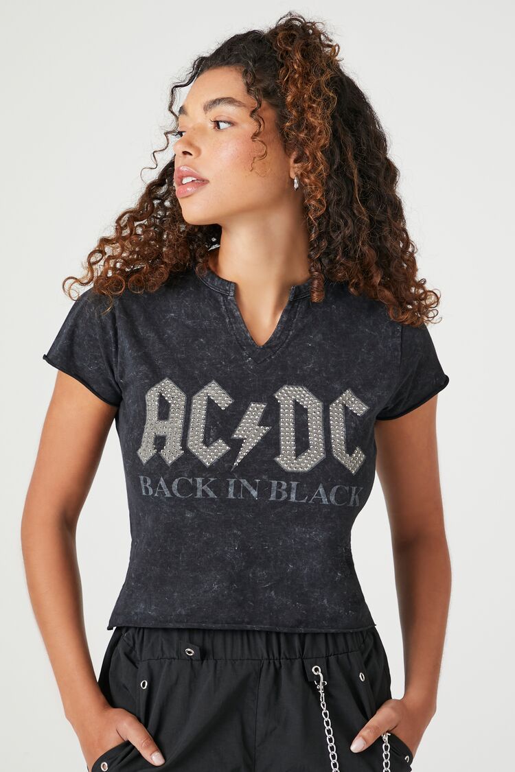 Forever 21 Women's Rhinestone ACDC Graphic Baby T-Shirt Charcoal/Silver
