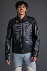 Forever 21 Men's Faux Leather/Pleather Skeleton Moto Jacket Black/Grey