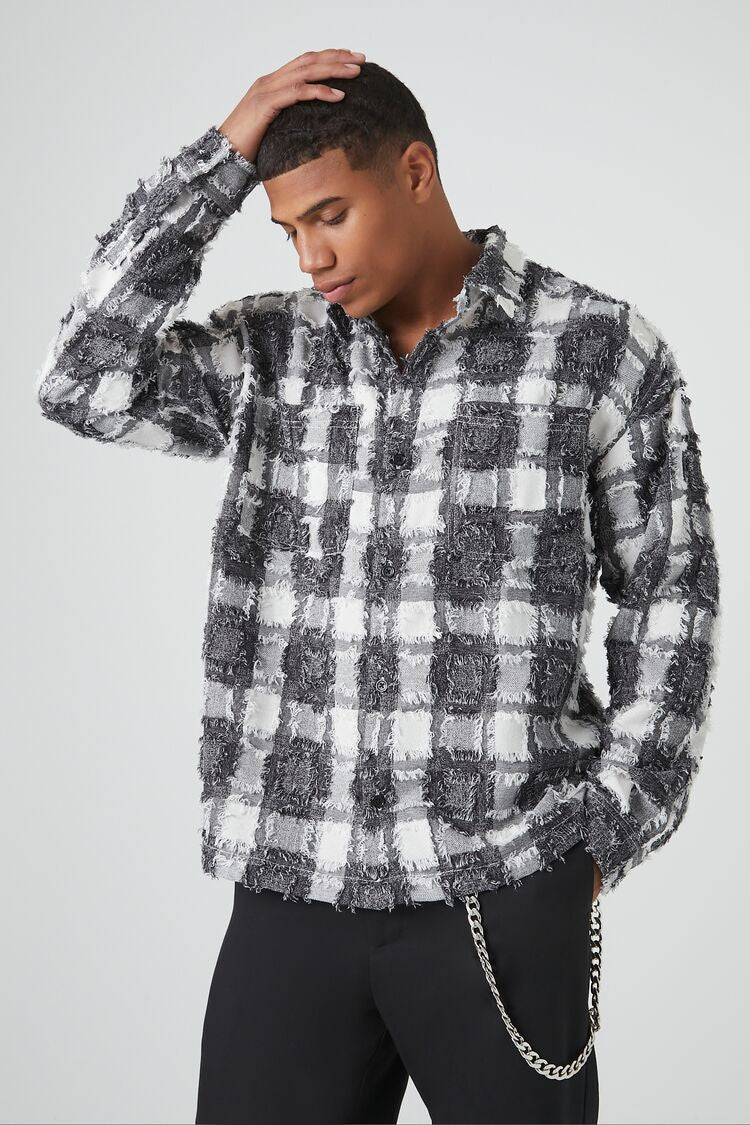 Forever 21 Men's Textured Plaid Long-Sleeve Shirt Black/White