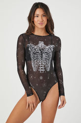 Forever 21 Women's Sheer Skeleton Graphic Bodysuit Black/White