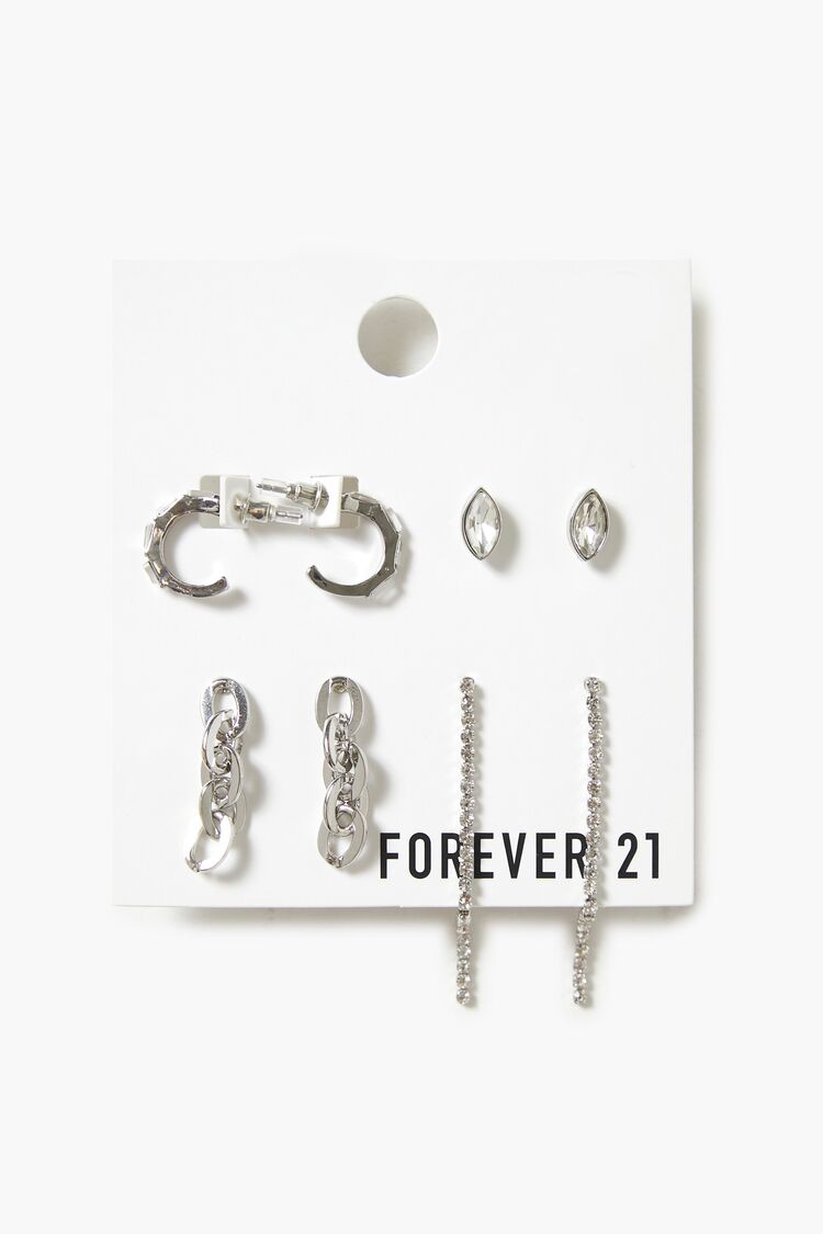 Forever 21 Women's Rhinestone Box Chain Earring Set Silver