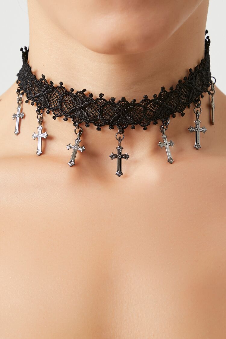 Forever 21 Women's Crochet Cross Choker Black