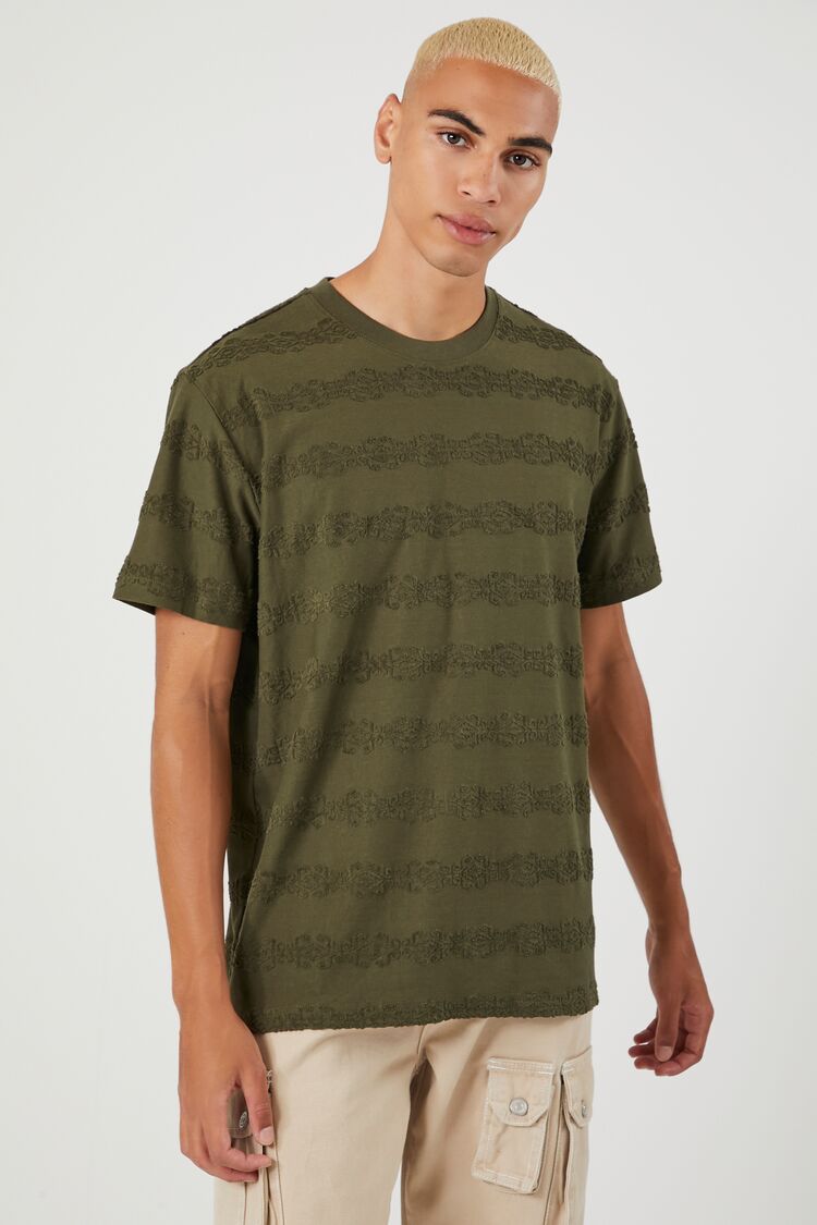 Forever 21 Men's Flocked Stripe Crew T-Shirt Olive