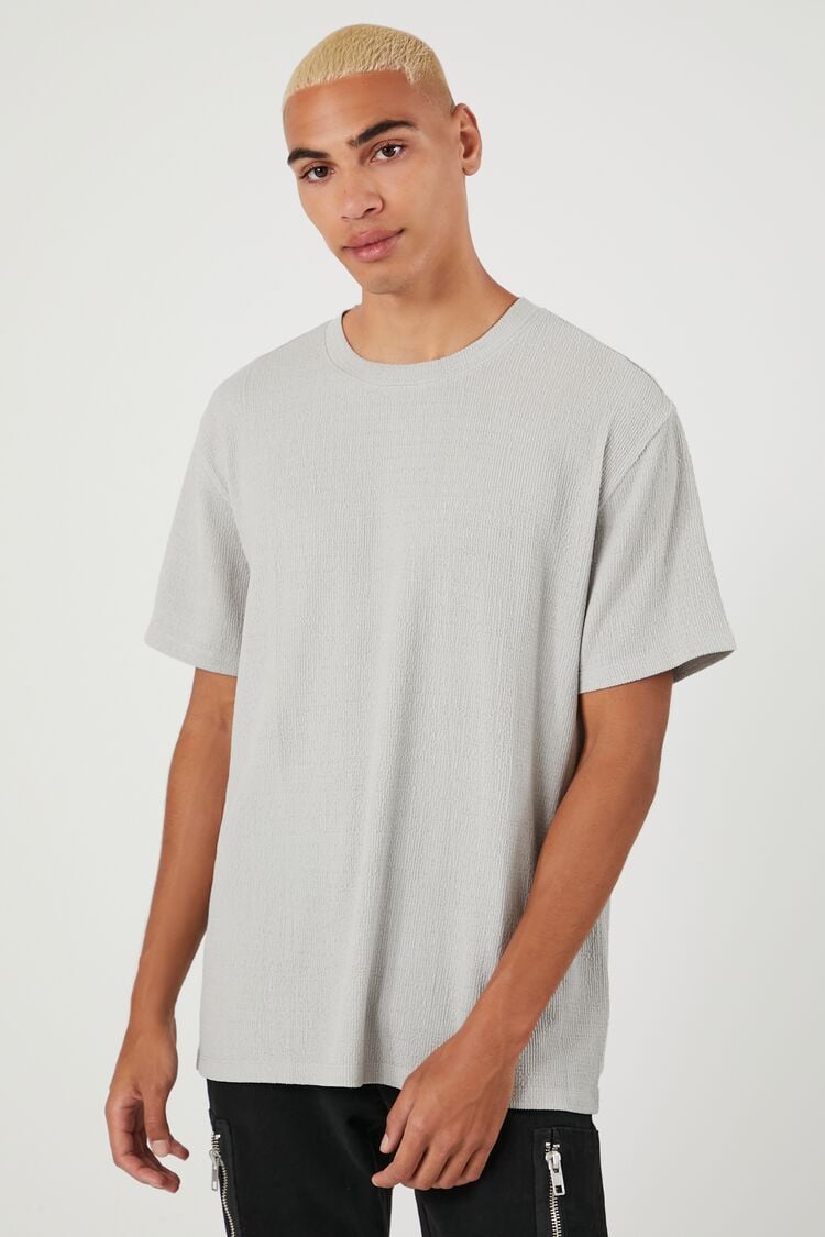 Forever 21 Men's Ribbed Texture Crew T-Shirt Light Grey