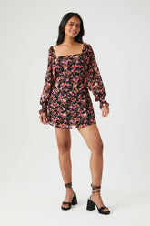 Forever 21 Women's Floral Long-Sleeve Mini Dress Pink/Black