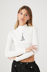 Forever 21 Women's Embroidered New York Guitar Crop Top White/Multi