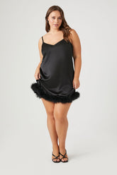 Forever 21 Plus Women's Faux Fur-Trim Satin Slip Dress Black