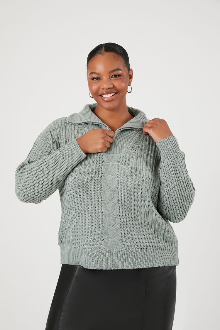 Forever 21 Plus Women's Half-Zip Cable Knit Sweater Sage