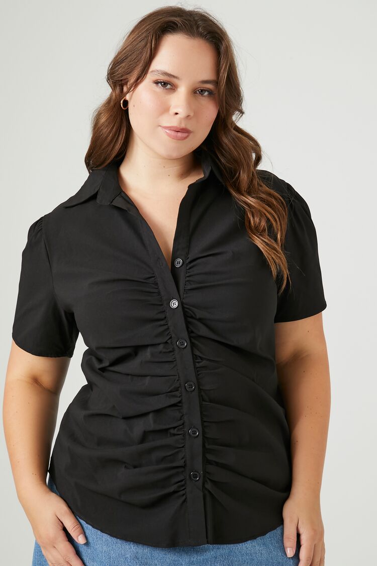 Forever 21 Plus Women's Ruched Button-Front Shirt Black